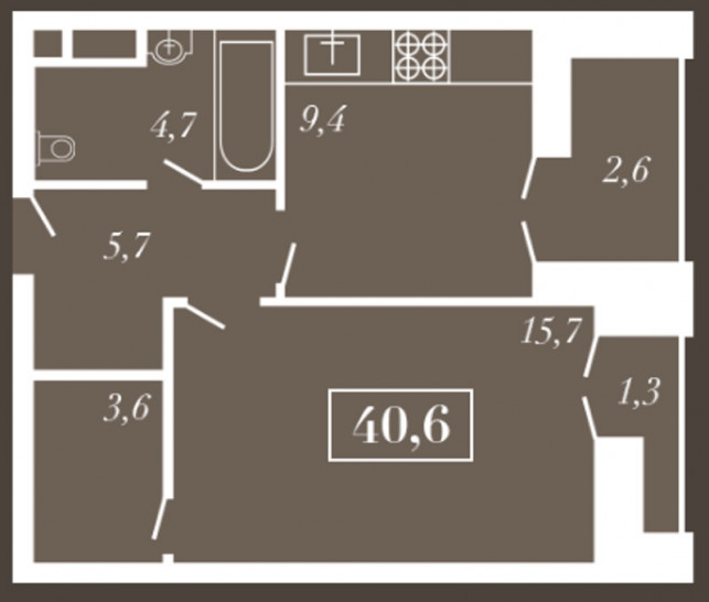Однокомнатная квартира 40.6 м²