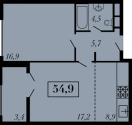 Двухкомнатная квартира 54.9 м²