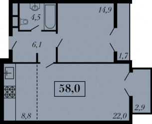 Двухкомнатная квартира 58 м²