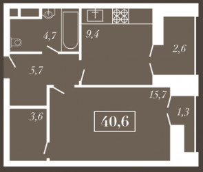 Однокомнатная квартира 40.6 м²