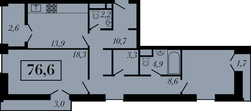 Двухкомнатная квартира 76.6 м²