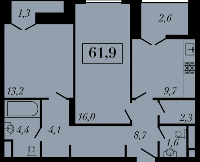 Двухкомнатная квартира 61.9 м²