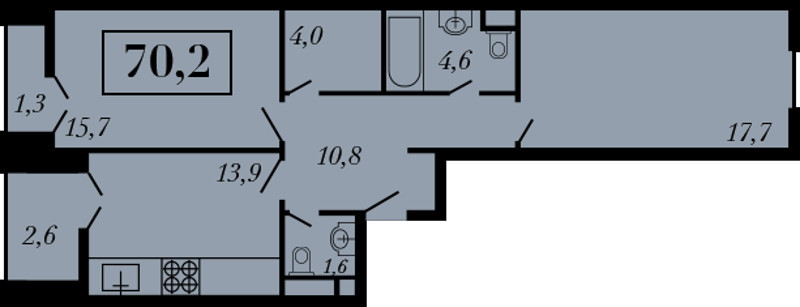 Двухкомнатная квартира 70.2 м²