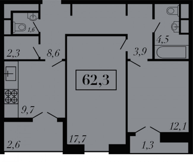 Двухкомнатная квартира 62.3 м²