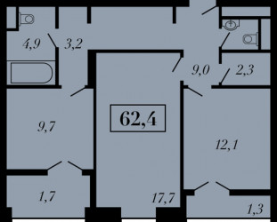Двухкомнатная квартира 62.4 м²