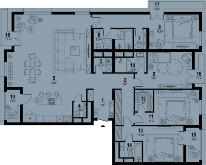 Четырёхкомнатная квартира 161.1 м²